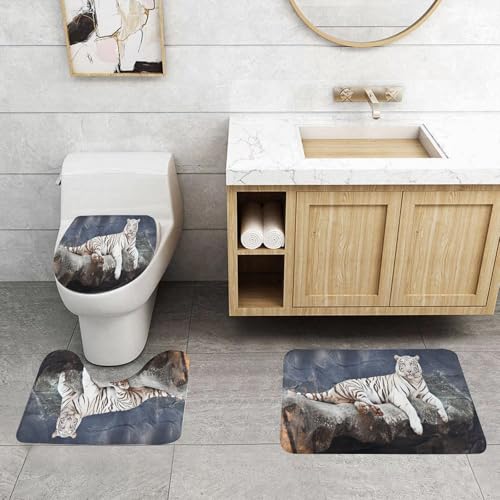 QRFASFZO 3 Stück Badematten und WC Vorleger Microfaser Weiches Badteppich badvorleger rutschfest Waschbar Badezimmerteppich Set,Eleganter weißer Tiger, der auf dem Felsen sitzt. Der ruhige Moment de von QRFASFZO