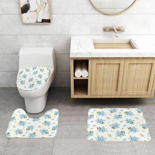 QRFASFZO 3 Stück Badematten und WC Vorleger Microfaser Weiches Badteppich badvorleger rutschfest Waschbar Badezimmerteppich Set,Elfenbein und Blau, Vergissmeinnicht-Blumenmuster, frisches Laub auf e von QRFASFZO
