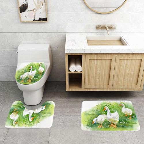 QRFASFZO 3 Stück Badematten und WC Vorleger Microfaser Weiches Badteppich badvorleger rutschfest Waschbar Badezimmerteppich Set,Ente, Gans im Bauernhof See Pflanzen Gras Schilf Blumen Teich Tiere Gä von QRFASFZO