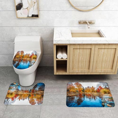 QRFASFZO 3 Stück Badematten und WC Vorleger Microfaser Weiches Badteppich badvorleger rutschfest Waschbar Badezimmerteppich Set,Enten Schwimmen im bunten Teich, Herbst mit reflektierendem Pool und E von QRFASFZO