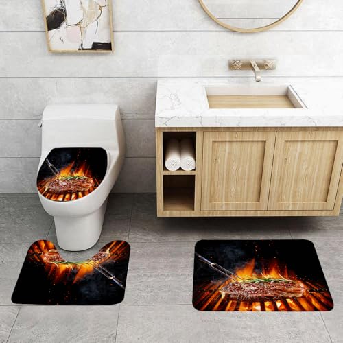QRFASFZO 3 Stück Badematten und WC Vorleger Microfaser Weiches Badteppich badvorleger rutschfest Waschbar Badezimmerteppich Set,Entrecote-Rindersteak auf dem Grill mit Rosmarin, Pfeffer und Salz - B von QRFASFZO