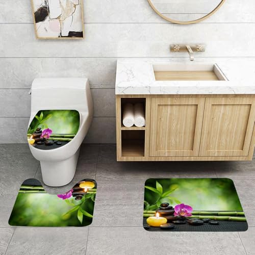 QRFASFZO 3 Stück Badematten und WC Vorleger Microfaser Weiches Badteppich badvorleger rutschfest Waschbar Badezimmerteppich Set,Entspanntes Spa - Steine, Orchideen und Kerzen, Kieselsteine, lila Orc von QRFASFZO
