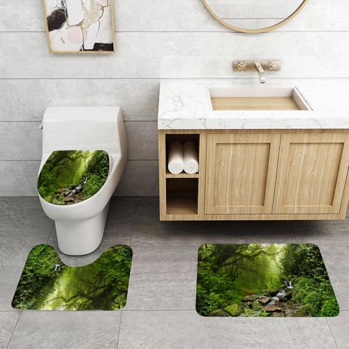 QRFASFZO 3 Stück Badematten und WC Vorleger Microfaser Weiches Badteppich badvorleger rutschfest Waschbar Badezimmerteppich Set,Erblicken Sie die Ruhe der Natur, den morgendlichen Waldfluss, den Son von QRFASFZO