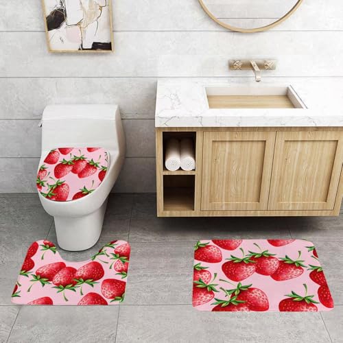 QRFASFZO 3 Stück Badematten und WC Vorleger Microfaser Weiches Badteppich badvorleger rutschfest Waschbar Badezimmerteppich Set,Erdbeeren handgezeichnetes Muster mit rosa Hintergrund QRFASFZO 3 Stück Badematten und WC Vorleger Microfaser Weiches Badteppich badvorleger rutschfest Waschbar Badezimmerteppich Set,Erdbeeren handgezeichnetes Muster mit rosa Hintergrund von QRFASFZO