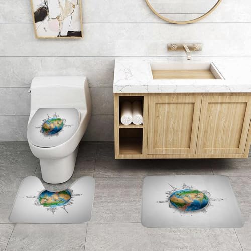 QRFASFZO 3 Stück Badematten und WC Vorleger Microfaser Weiches Badteppich badvorleger rutschfest Waschbar Badezimmerteppich Set,Erde, Planet Erde Globus realistische Kontinente Geographie Thema Blei von QRFASFZO