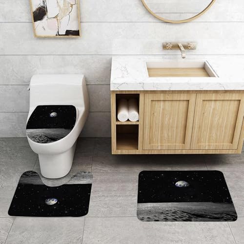 QRFASFZO 3 Stück Badematten und WC Vorleger Microfaser Weiches Badteppich badvorleger rutschfest Waschbar Badezimmerteppich Set,Erde, Planet Erde vom Mond aus gesehen Weltraum Milchstraße Tr von QRFASFZO
