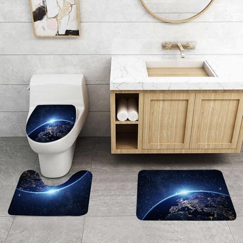 QRFASFZO 3 Stück Badematten und WC Vorleger Microfaser Weiches Badteppich badvorleger rutschfest Waschbar Badezimmerteppich Set,Erde, Planet aus dem Weltraum bei Nacht Galaktische Astronomie Unter d von QRFASFZO