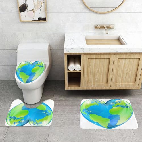 QRFASFZO 3 Stück Badematten und WC Vorleger Microfaser Weiches Badteppich badvorleger rutschfest Waschbar Badezimmerteppich Set,Erde, lebendiger Globus der Erde in Herzform, Liebe zur Welt, Sorge um von QRFASFZO