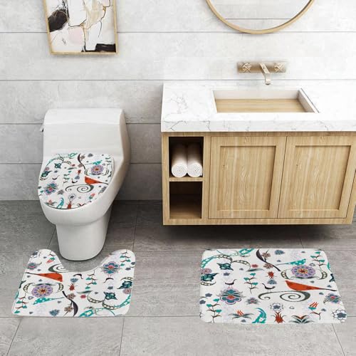 QRFASFZO 3 Stück Badematten und WC Vorleger Microfaser Weiches Badteppich badvorleger rutschfest Waschbar Badezimmerteppich Set,Ethnische, Florale Blüten wirbelt Efeu Knospen Vögel Blätter ethnische von QRFASFZO