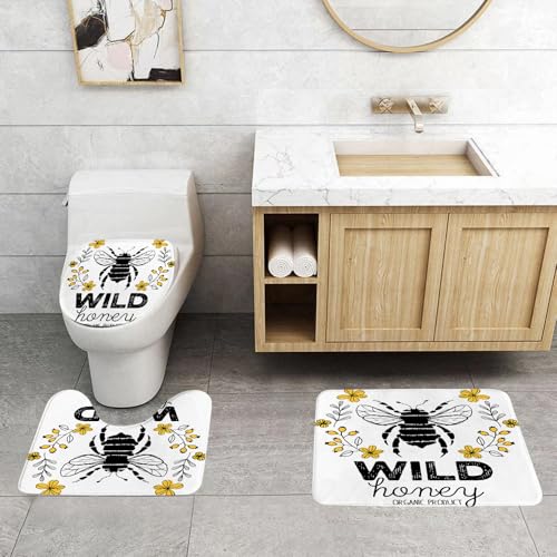 QRFASFZO 3 Stück Badematten und WC Vorleger Microfaser Weiches Badteppich badvorleger rutschfest Waschbar Badezimmerteppich Set,Etikettendesign für Honig. Konzept für die Verpackungsgestaltung von B von QRFASFZO