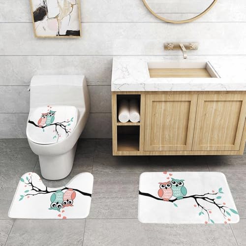 QRFASFZO 3 Stück Badematten und WC Vorleger Microfaser Weiches Badteppich badvorleger rutschfest Waschbar Badezimmerteppich Set,Eule, rosa und grüne Eule thront auf den Zweigen, umgeben von Liebe un von QRFASFZO