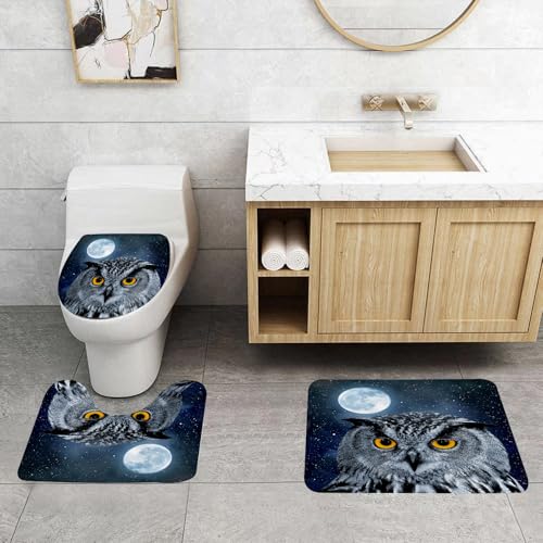 QRFASFZO 3 Stück Badematten und WC Vorleger Microfaser Weiches Badteppich badvorleger rutschfest Waschbar Badezimmerteppich Set,Eulenporträt, eine Eule mit auffälligen gelben Augen, die vor dem Hint von QRFASFZO