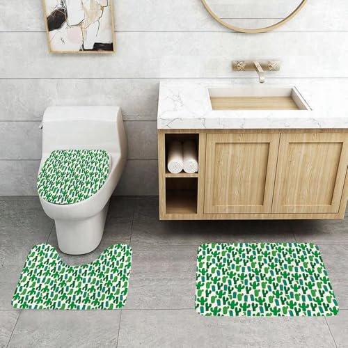 QRFASFZO 3 Stück Badematten und WC Vorleger Microfaser Weiches Badteppich badvorleger rutschfest Waschbar Badezimmerteppich Set,Exotische, lebendige San Pedro Kaktus Laub a Wüste blühende mexikanisc von QRFASFZO