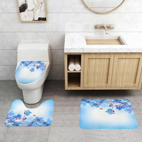QRFASFZO 3 Stück Badematten und WC Vorleger Microfaser Weiches Badteppich badvorleger rutschfest Waschbar Badezimmerteppich Set,Exquisite Blaue Orchidee mit leuchtenden Blütenblättern auf sanfter, v von QRFASFZO