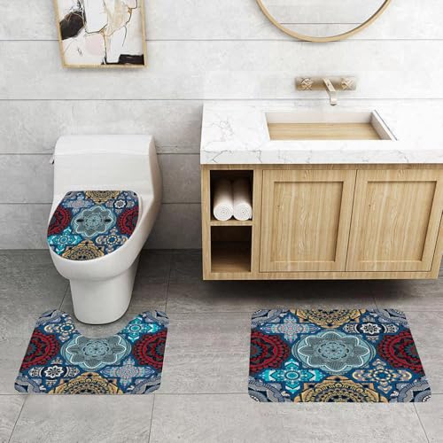 QRFASFZO 3 Stück Badematten und WC Vorleger Microfaser Weiches Badteppich badvorleger rutschfest Waschbar Badezimmerteppich Set,Exquisite Mandala-Muster-Farbsymphonie, wunderschöne Mandala-Designvie von QRFASFZO