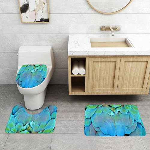 QRFASFZO 3 Stück Badematten und WC Vorleger Microfaser Weiches Badteppich badvorleger rutschfest Waschbar Badezimmerteppich Set,Exquisite Vogelfederdetails, helle, überlappende Vogelfedern, blau und von QRFASFZO