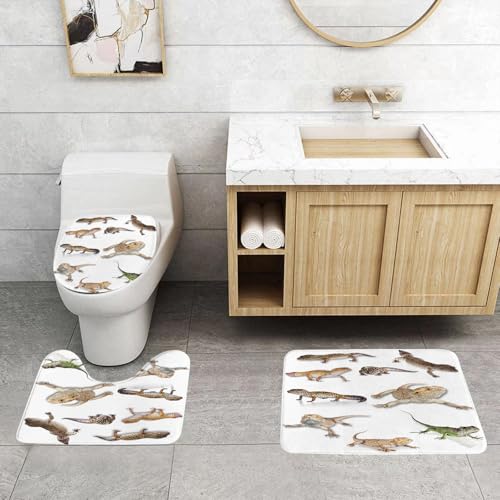 QRFASFZO 3 Stück Badematten und WC Vorleger Microfaser Weiches Badteppich badvorleger rutschfest Waschbar Badezimmerteppich Set,FAE, Leopardgecko, Primitive Reptilien Wildlife Kunstdruck Faenbild von QRFASFZO