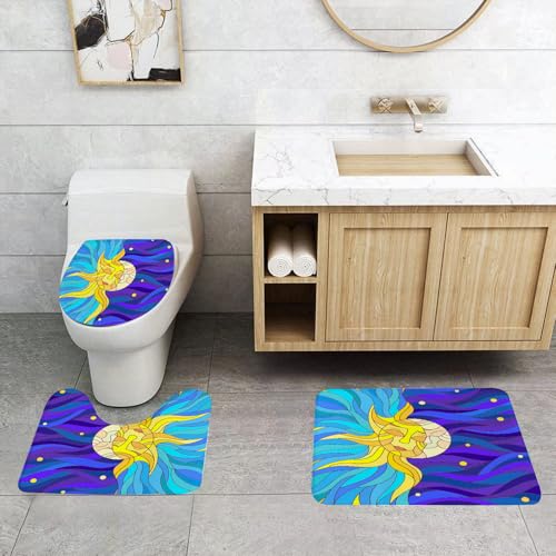 QRFASFZO 3 Stück Badematten und WC Vorleger Microfaser Weiches Badteppich badvorleger rutschfest Waschbar Badezimmerteppich Set,Färben - Glas - Stilkunst, Sonne und Mond beim Färben miteinander Verf von QRFASFZO