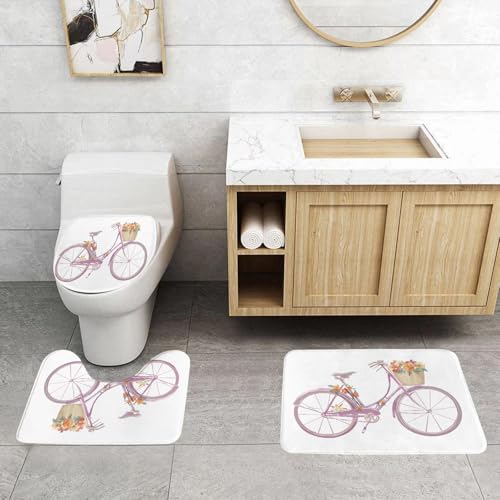 QRFASFZO 3 Stück Badematten und WC Vorleger Microfaser Weiches Badteppich badvorleger rutschfest Waschbar Badezimmerteppich Set,Fahrrad, Aquarell-Illustration eines rosa Fahrrads mit Blumen Romantis QRFASFZO 3 Stück Badematten und WC Vorleger Microfaser Weiches Badteppich badvorleger rutschfest Waschbar Badezimmerteppich Set,Fahrrad, Aquarell-Illustration eines rosa Fahrrads mit Blumen Romantis von QRFASFZO
