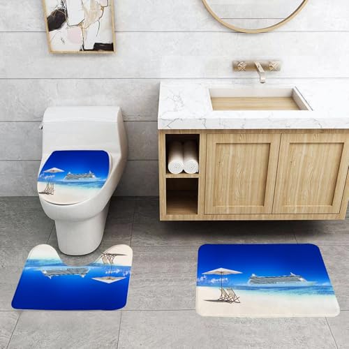 QRFASFZO 3 Stück Badematten und WC Vorleger Microfaser Weiches Badteppich badvorleger rutschfest Waschbar Badezimmerteppich Set,Fantastische Strandlandschaft, weiße Liegestühle, Sonnenschirme und Ei von QRFASFZO