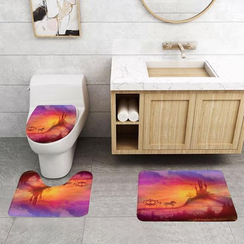 QRFASFZO 3 Stück Badematten und WC Vorleger Microfaser Weiches Badteppich badvorleger rutschfest Waschbar Badezimmerteppich Set,Fantasy-Dekorationen, mittelalterlicher Gothic-Fantasy-Schloss- und Pf von QRFASFZO