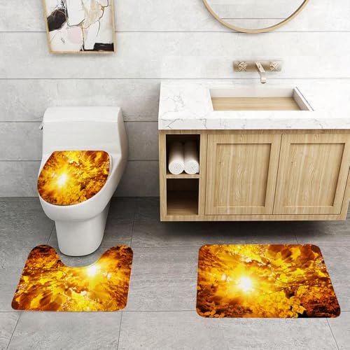 QRFASFZO 3 Stück Badematten und WC Vorleger Microfaser Weiches Badteppich badvorleger rutschfest Waschbar Badezimmerteppich Set,Farm Decor, Sonne scheint durch die goldene von QRFASFZO