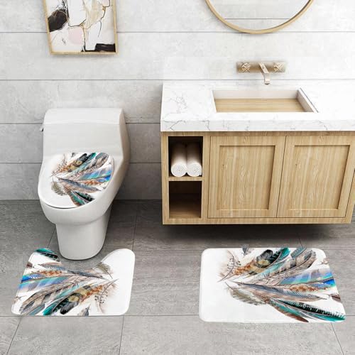 QRFASFZO 3 Stück Badematten und WC Vorleger Microfaser Weiches Badteppich badvorleger rutschfest Waschbar Badezimmerteppich Set,Federdekor, Blattarten und Natal-Schwungfedern von QRFASFZO
