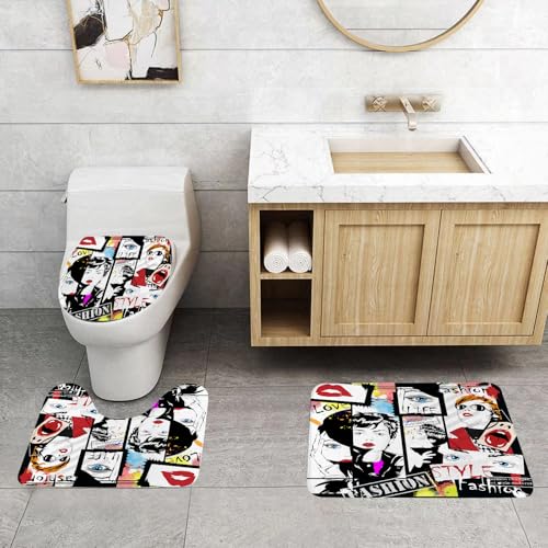 QRFASFZO 3 Stück Badematten und WC Vorleger Microfaser Weiches Badteppich badvorleger rutschfest Waschbar Badezimmerteppich Set,Feminine, Fashion Girl im Sketch-Stil Glamour Moderne Illustration Vor von QRFASFZO