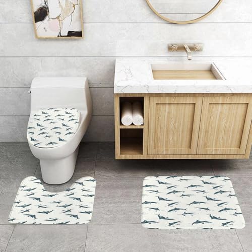 QRFASFZO 3 Stück Badematten und WC Vorleger Microfaser Weiches Badteppich badvorleger rutschfest Waschbar Badezimmerteppich Set,Fische, Meerestiere, Muster mit Haien, die in Verschiedene Richtungen von QRFASFZO