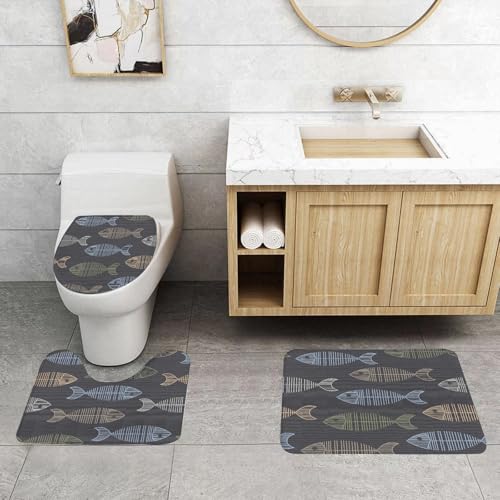 QRFASFZO 3 Stück Badematten und WC Vorleger Microfaser Weiches Badteppich badvorleger rutschfest Waschbar Badezimmerteppich Set,Fische, gekritzel, Muster, Tier, Seamless, Hintergrund von QRFASFZO