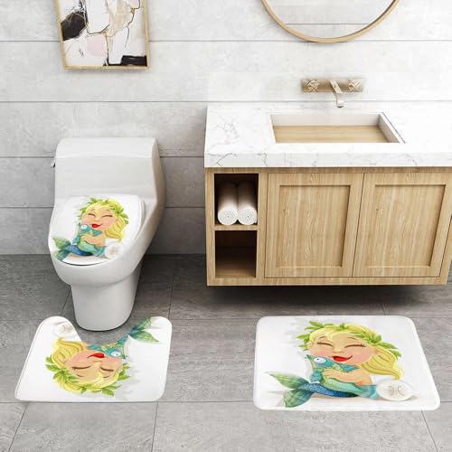 QRFASFZO 3 Stück Badematten und WC Vorleger Microfaser Weiches Badteppich badvorleger rutschfest Waschbar Badezimmerteppich Set,Fische-Illustration - EIN lächelndes Mädchen mit Einer Blattkrone umar von QRFASFZO