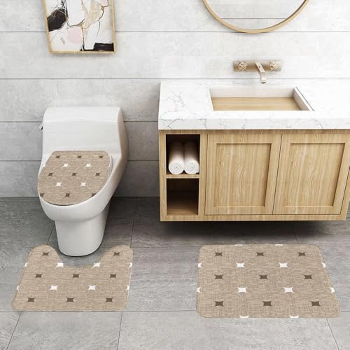QRFASFZO 3 Stück Badematten und WC Vorleger Microfaser Weiches Badteppich badvorleger rutschfest Waschbar Badezimmerteppich Set,Flachsstrukturmuster. Braune und weiße abwechselnd Sich wiederholende von QRFASFZO
