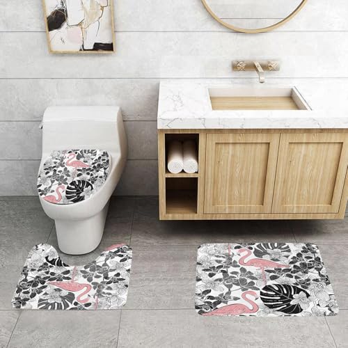 QRFASFZO 3 Stück Badematten und WC Vorleger Microfaser Weiches Badteppich badvorleger rutschfest Waschbar Badezimmerteppich Set,Flamingo, Flamingos Muster Blätter und Blumen tropischer Pflanzen auf QRFASFZO 3 Stück Badematten und WC Vorleger Microfaser Weiches Badteppich badvorleger rutschfest Waschbar Badezimmerteppich Set,Flamingo, Flamingos Muster Blätter und Blumen tropischer Pflanzen auf von QRFASFZO
