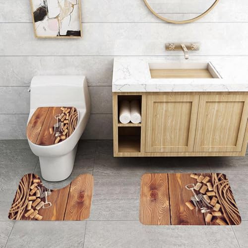 QRFASFZO 3 Stück Badematten und WC Vorleger Microfaser Weiches Badteppich badvorleger rutschfest Waschbar Badezimmerteppich Set,Flaschenöffner und Weinkorken auf verwitterter Holzoberfläche mit gedr von QRFASFZO