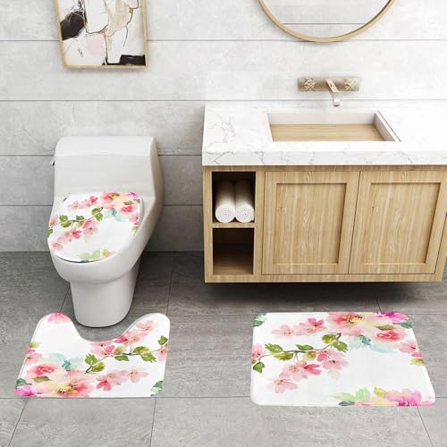 QRFASFZO 3 Stück Badematten und WC Vorleger Microfaser Weiches Badteppich badvorleger rutschfest Waschbar Badezimmerteppich Set,Florale, stilisierte Aquarell-Blütenblätter der Natur im Shabby Chic-S von QRFASFZO