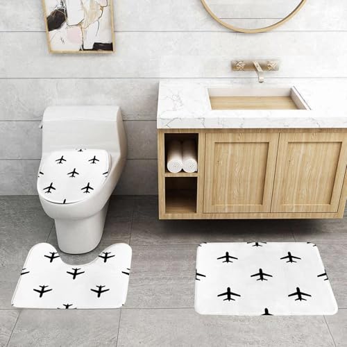 QRFASFZO 3 Stück Badematten und WC Vorleger Microfaser Weiches Badteppich badvorleger rutschfest Waschbar Badezimmerteppich Set,Flugzeug-Symbol Nahtlose Muster Vektor-Kunst-Illustration von QRFASFZO