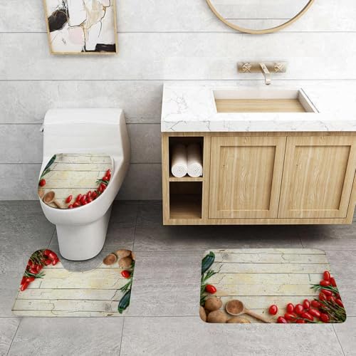 QRFASFZO 3 Stück Badematten und WC Vorleger Microfaser Weiches Badteppich badvorleger rutschfest Waschbar Badezimmerteppich Set,Frische Tomaten, Kartoffeln, Zucchini und Kräuter auf verwittertem HOL von QRFASFZO