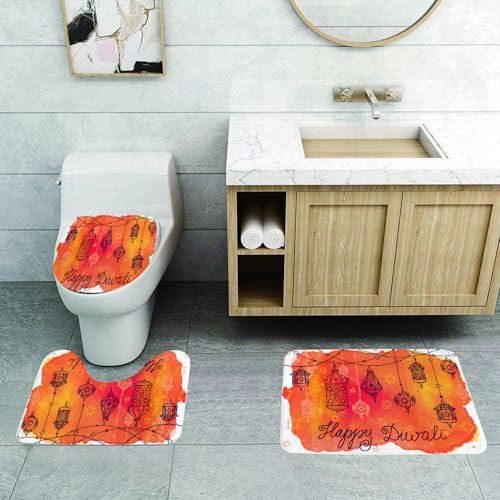 QRFASFZO 3 Stück Badematten und WC Vorleger Microfaser Weiches Badteppich badvorleger rutschfest Waschbar Badezimmerteppich Set,Fröhliche Laternen für Diwali, Laternen und Feste für Diwali, Festival von QRFASFZO