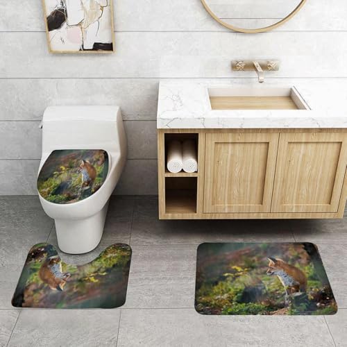 QRFASFZO 3 Stück Badematten und WC Vorleger Microfaser Weiches Badteppich badvorleger rutschfest Waschbar Badezimmerteppich Set,Fuchs, junger Rotfuchs, der etwas in einem Raubtier hört von QRFASFZO