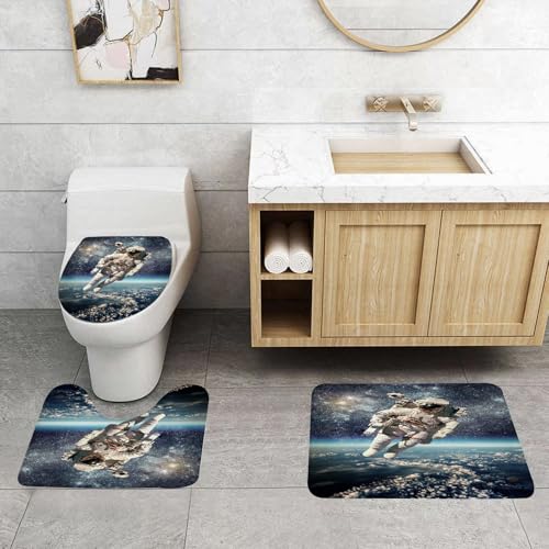 QRFASFZO 3 Stück Badematten und WC Vorleger Microfaser Weiches Badteppich badvorleger rutschfest Waschbar Badezimmerteppich Set,Galaxie, Astronaut schwebt im Weltraum mit dem Planeten Erde, surreale von QRFASFZO