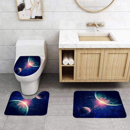 QRFASFZO 3 Stück Badematten und WC Vorleger Microfaser Weiches Badteppich badvorleger rutschfest Waschbar Badezimmerteppich Set,Galaxie Weltraumthema Planet Erde und Mars in Space Discovery von QRFASFZO
