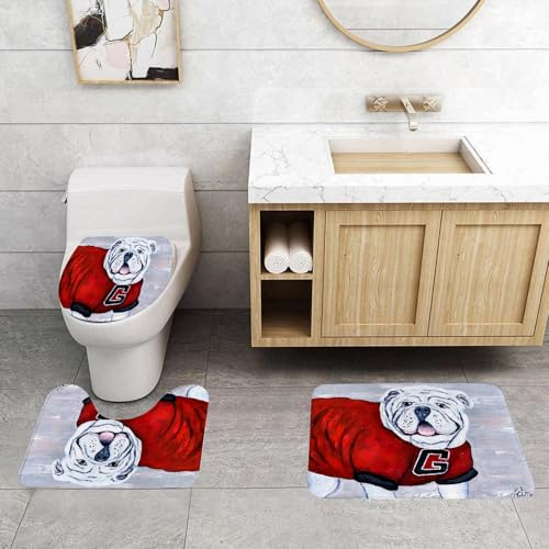 QRFASFZO 3 Stück Badematten und WC Vorleger Microfaser Weiches Badteppich badvorleger rutschfest Waschbar Badezimmerteppich Set,Ganzkörperporträt Einer englischen Bulldogge, die auf dem Bett sitzt. von QRFASFZO