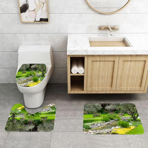 QRFASFZO 3 Stück Badematten und WC Vorleger Microfaser Weiches Badteppich badvorleger rutschfest Waschbar Badezimmerteppich Set,Garten im japanischen Parkstil mit Erholungsblick, Teich, Gras, Steine von QRFASFZO