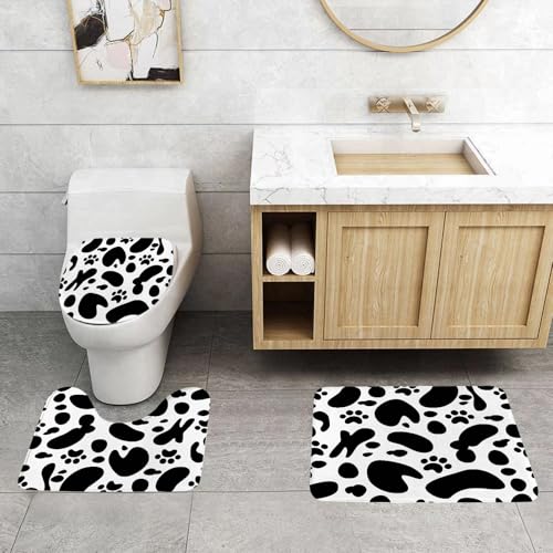 QRFASFZO 3 Stück Badematten und WC Vorleger Microfaser Weiches Badteppich badvorleger rutschfest Waschbar Badezimmerteppich Set,Gedrucktes Muster, Schwarze Welpenpfotenabdrücke und Sich wiederholend von QRFASFZO