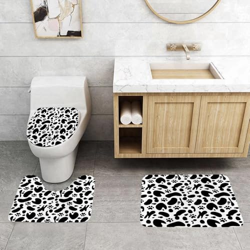 QRFASFZO 3 Stück Badematten und WC Vorleger Microfaser Weiches Badteppich badvorleger rutschfest Waschbar Badezimmerteppich Set,Gedrucktes Muster, Schwarze Welpenpfotenabdrücke und Sich wiederholend von QRFASFZO
