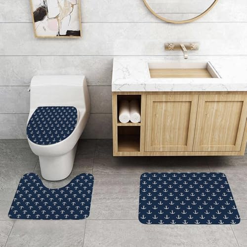 QRFASFZO 3 Stück Badematten und WC Vorleger Microfaser Weiches Badteppich badvorleger rutschfest Waschbar Badezimmerteppich Set,Gelassenheit auf Seemann blau Farbe Seeanker Muster Ornament dekorativ von QRFASFZO