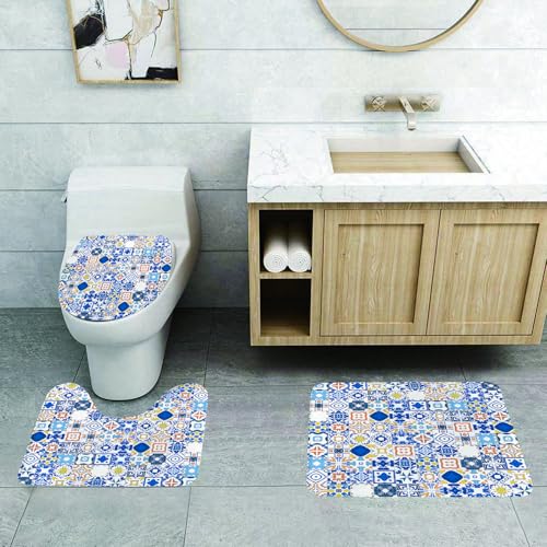 QRFASFZO 3 Stück Badematten und WC Vorleger Microfaser Weiches Badteppich badvorleger rutschfest Waschbar Badezimmerteppich Set,Gelb und Blau, Mosaik Portugiesisch Azulejo Mediterrane Arabeske Kisse QRFASFZO 3 Stück Badematten und WC Vorleger Microfaser Weiches Badteppich badvorleger rutschfest Waschbar Badezimmerteppich Set,Gelb und Blau, Mosaik Portugiesisch Azulejo Mediterrane Arabeske Kisse von QRFASFZO