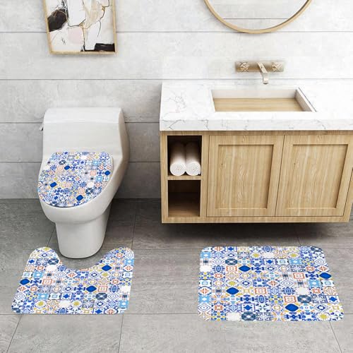 QRFASFZO 3 Stück Badematten und WC Vorleger Microfaser Weiches Badteppich badvorleger rutschfest Waschbar Badezimmerteppich Set,Gelb und Blau, Mosaik portugiesischen Azulejo mediterranen Arabeskenef von QRFASFZO