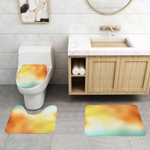 QRFASFZO 3 Stück Badematten und WC Vorleger Microfaser Weiches Badteppich badvorleger rutschfest Waschbar Badezimmerteppich Set,Gelb und Blau, Unschärfe Bild verträumte Anzeige abstrakt von QRFASFZO