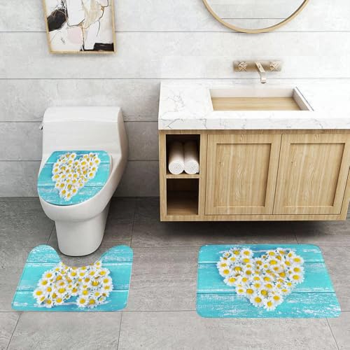 QRFASFZO 3 Stück Badematten und WC Vorleger Microfaser Weiches Badteppich badvorleger rutschfest Waschbar Badezimmerteppich Set,Gelb und Blau, herzförmige Gänseblümchen Blumen romantische Liebe Vale von QRFASFZO
